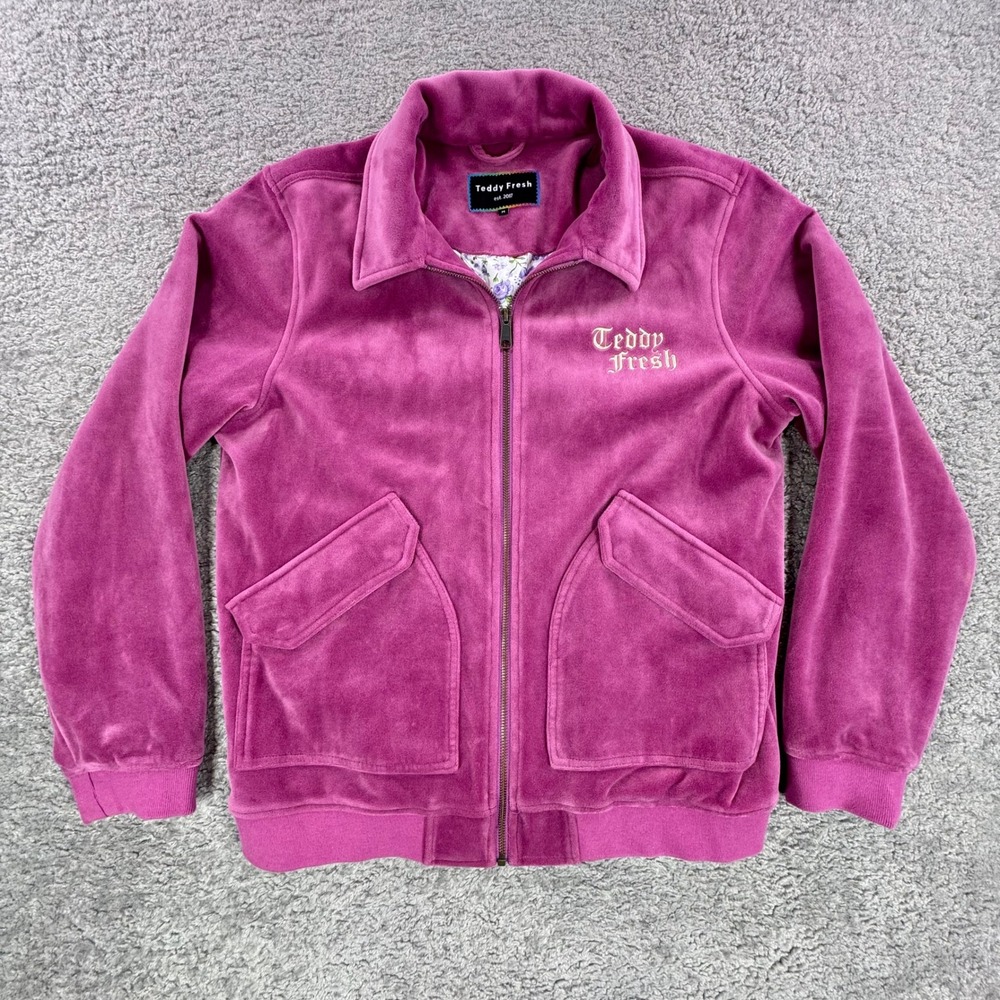 Teddy Fresh Mens Velour Zip Up Jacket Magenta Purple Pink Floral Lining Medium